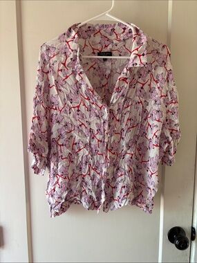 rag & bone White Button-Down Shirt with Pink & Red Floral Pattern